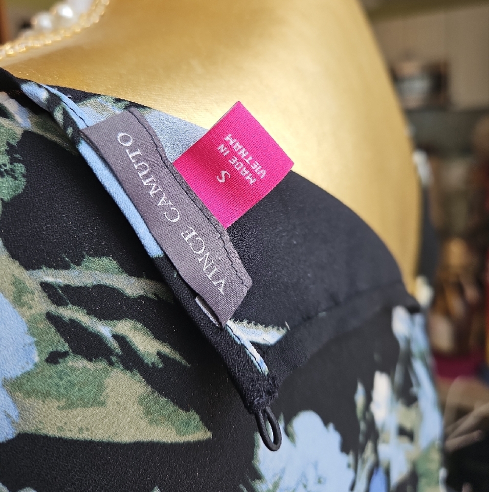 Vince Camuto Black Floral Long Sleeve Top with Blue and Ivory Blooms - Picture 3 of 3